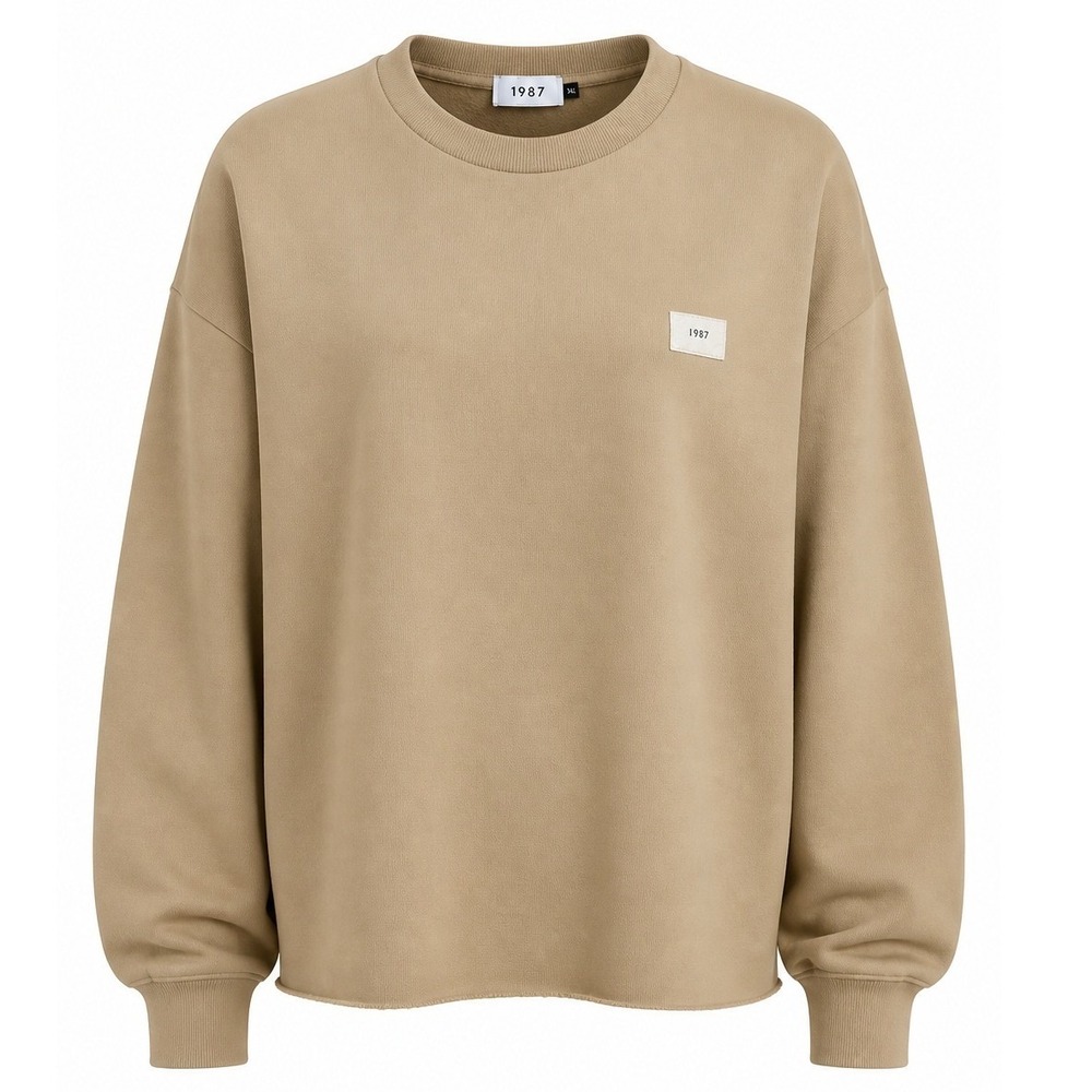 1987 Unisex Sweatshirt M Tan Oversized Streetwear Raw Hem Minimalist